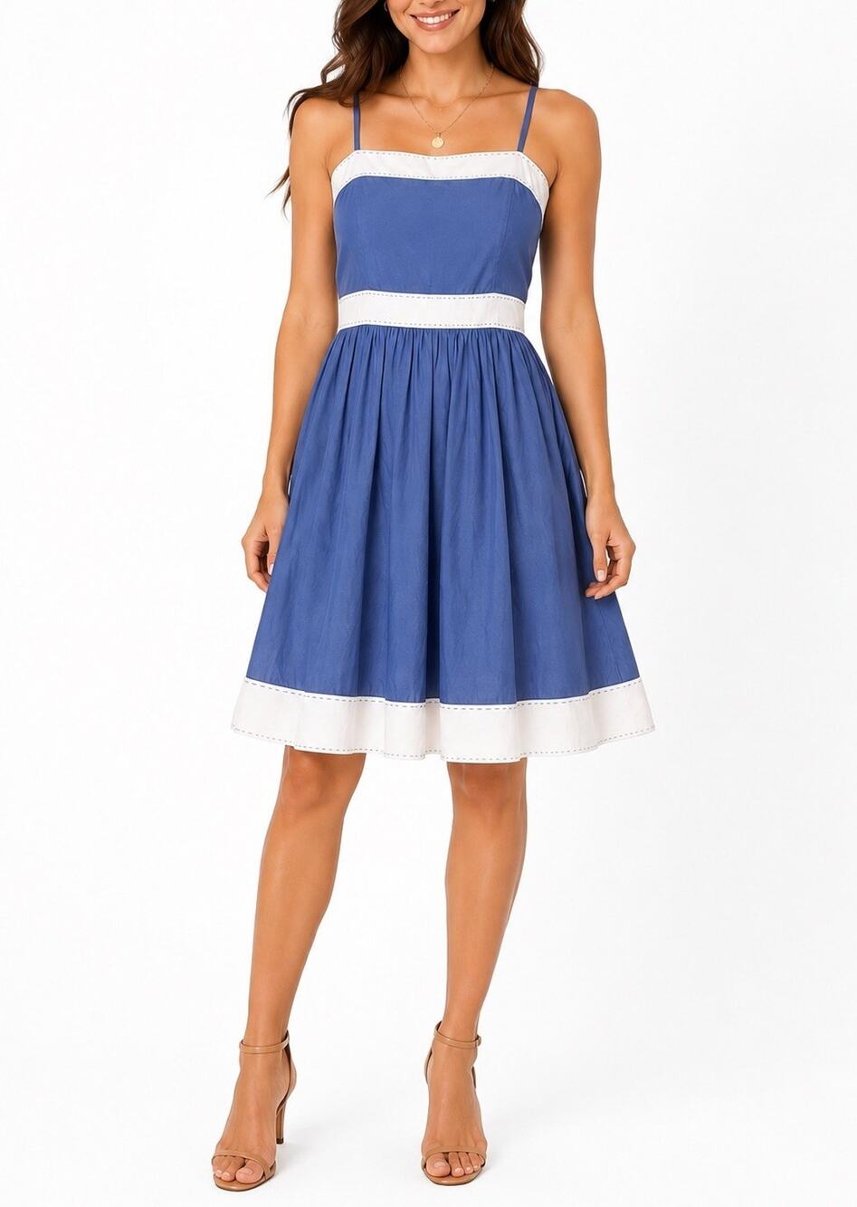 Antonio Melani Silk Cotton Blue White Fit & Flare Dress Size 6 Spaghetti Strap *